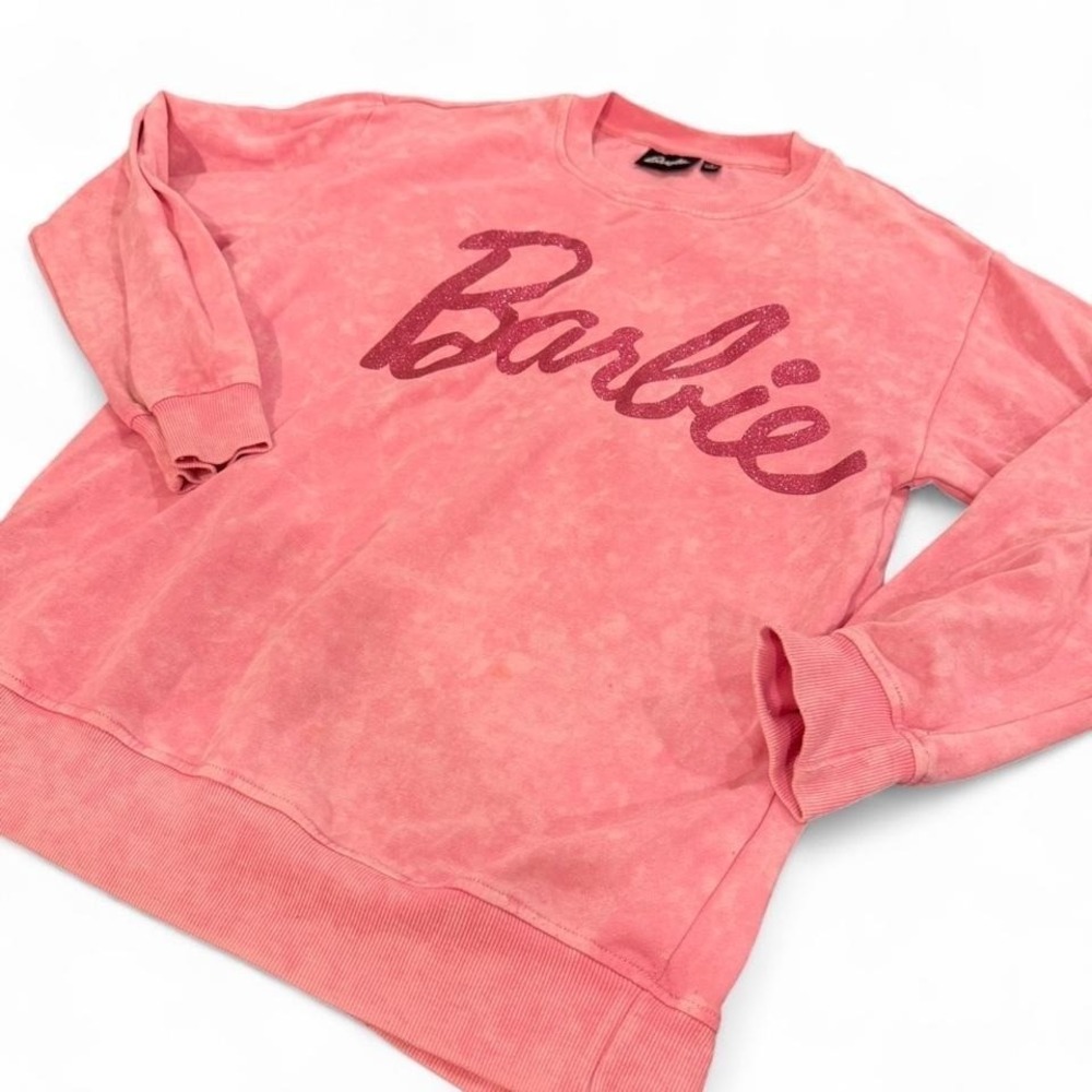 Barbie Womens Pink Acid Wash Glitter Logo Crewneck Sweatshirt Pullover Top